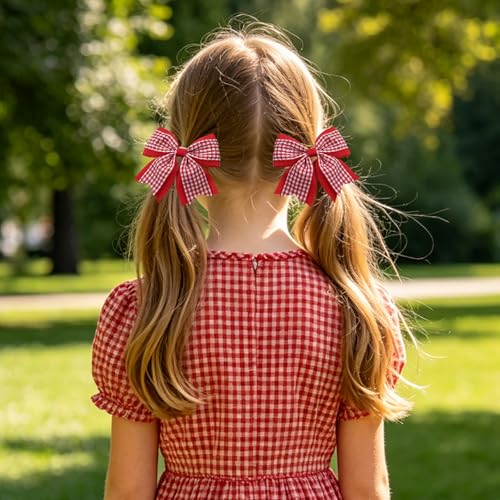 JOYFUNFABU 2PCS Red Gingham Hair Bows for Girls - Classic 3-Inch Toddler Hair Clips (Variation B)