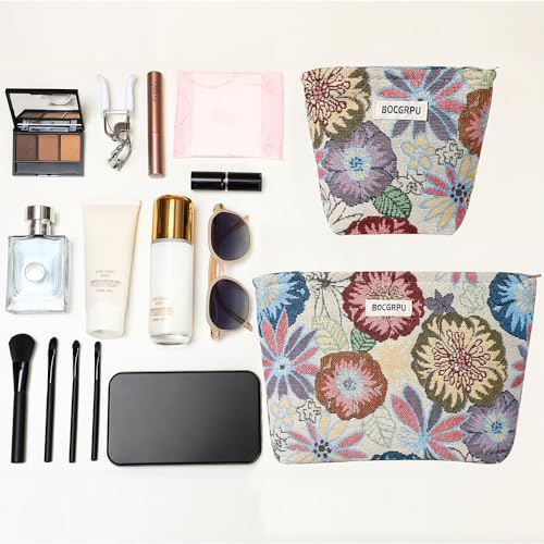 BOCGRPU 2-Pack Flower Garden Makeup Bags Set - 10.2 x 7.1 x 1.5 in & 6.3 x 5.5 x 2 in