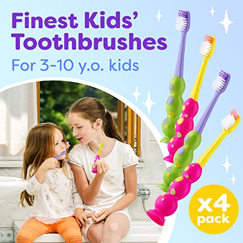 Trueocity Kids Toothbrush 4-Pack - Extra Soft Bristles - Green & Pink