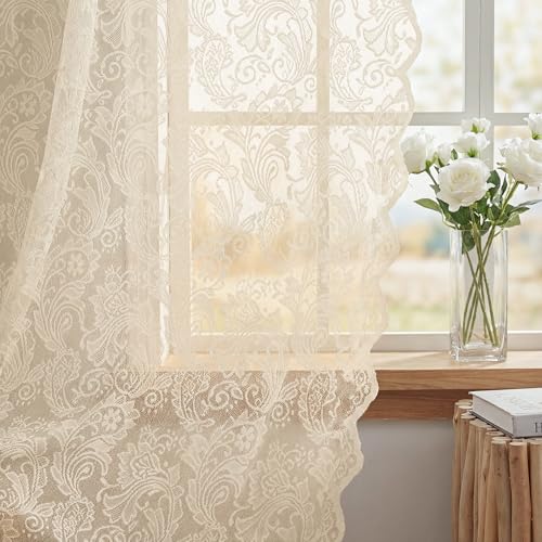 Beige Lace Curtains Set of 2 | 55x84in Floral Victorian Design