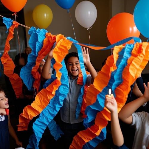 Blue and Orange Crepe Paper Streamers - 6 Rolls for Party Decor
