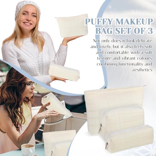3-Piece Puffy Quilted Makeup Bag Set, Aesthetic Checkered Travel Organizer