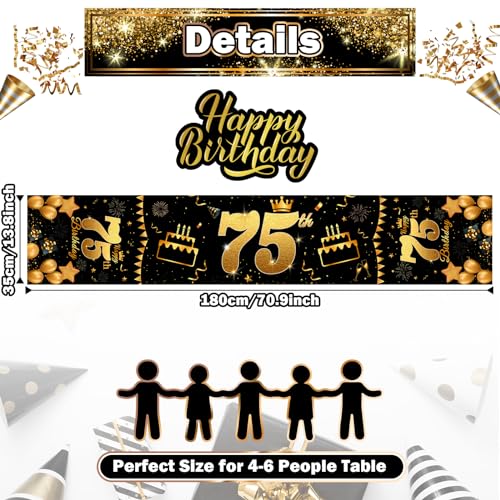 Happy 75th Birthday Table Runner - Black & Gold 72 Inch Linen