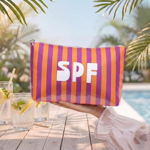 15SPF Orange Waterproof Striped PVC Makeup Bag Large Capacity Travel Organizer