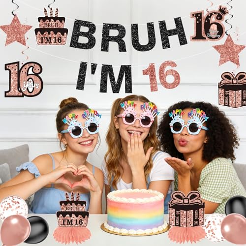 Rose Gold & Black 16th Birthday Decoration Kit - 15 Pcs