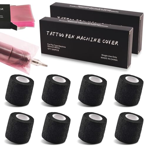 Emalla Pink Tattoo Machine Covers & Grip Tape Kit - 400 Pen Sleeves, 8 Rolls