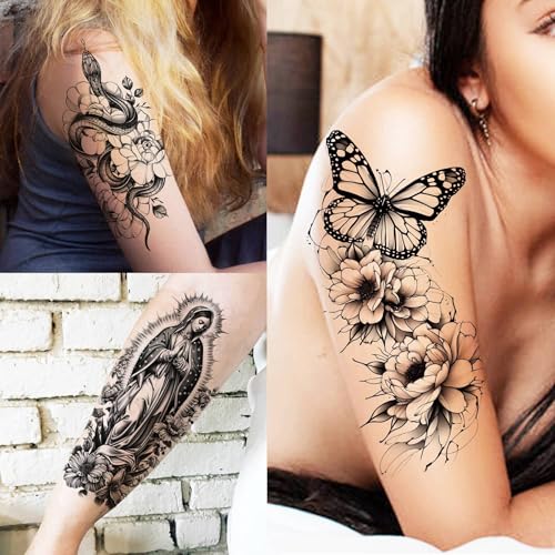 SELIDODO Black Flower 75 Sheets Realistic 3D Temporary Tattoos for Women & Girls - Guadalupe Virgin Mary Lotus Snake Peony Floral Designs