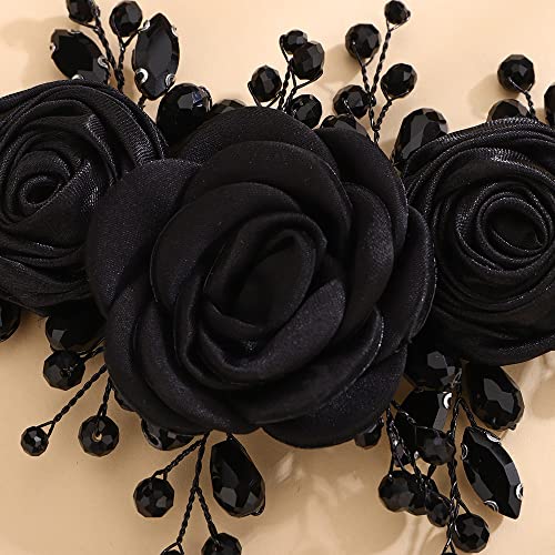 Teyglen Black Flower Wedding Headband with Rhinestones