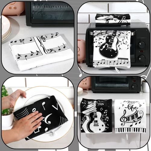 6 Pack Absorbent Music Note Kitchen Towels - Microfiber Hand Cloths