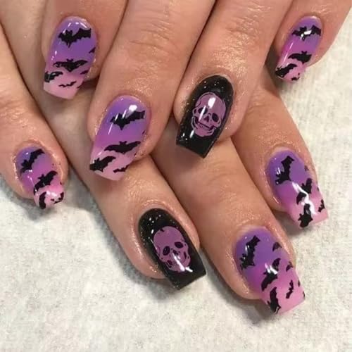 Tyemp WS02 Halloween Short Square Fake Nails with Skull & Bat Design, 24Pcs