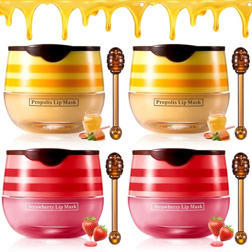 2PCS Strawberry & Honey Lip Balm & Hydrating Sleeping Mask Set - Moisturizing & Repair