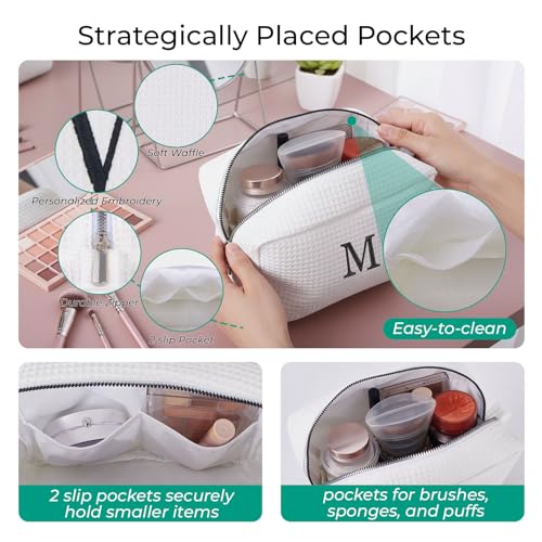 Personalized White Waffle Makeup Bag with Initial Embroidery - Medium