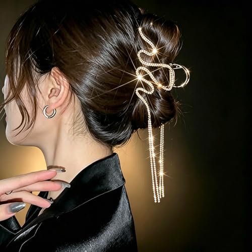 Gold Sparkle Claw Clip with Dangling Chain - Elegant Hair Accessory