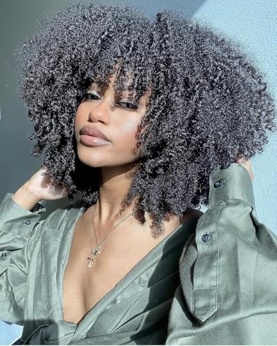 Black Curly Afro Wig with Bangs for Black Women - Kinky Curly Style