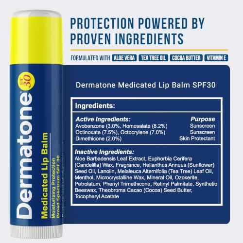 Dermatone SPF 30 Medicated Lip Balm - Soothing Cocoa Butter & Aloe, 3-Pack