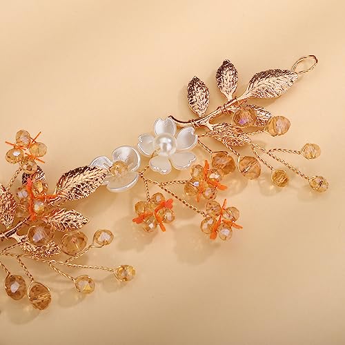 Gold Boho Bridal Flower Leaf Headband - Crystal Pearl Hair Vine