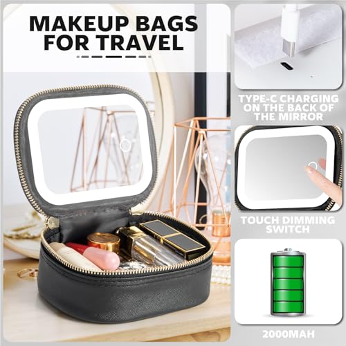 Extrei Gent Mini Makeup Bag with LED Mirror - Portable Black Travel Case