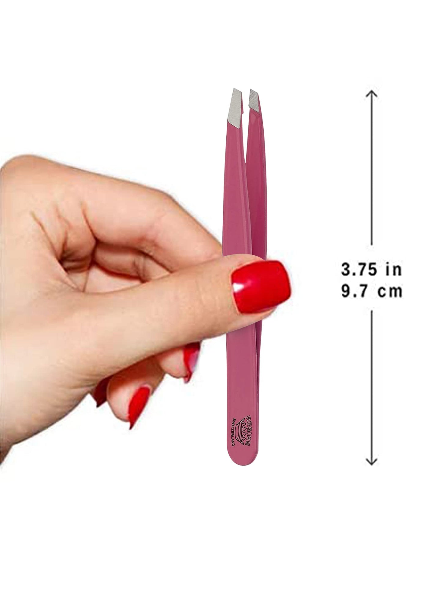 Regine Switzerland Slant Tweezer - Handmade in Switzerland - Professional Eyebrow & Facial Hair Remover - Etched Interior Grabs Hair from The Root - Perfectly Aligned Tips - Stainless Steel, Pink