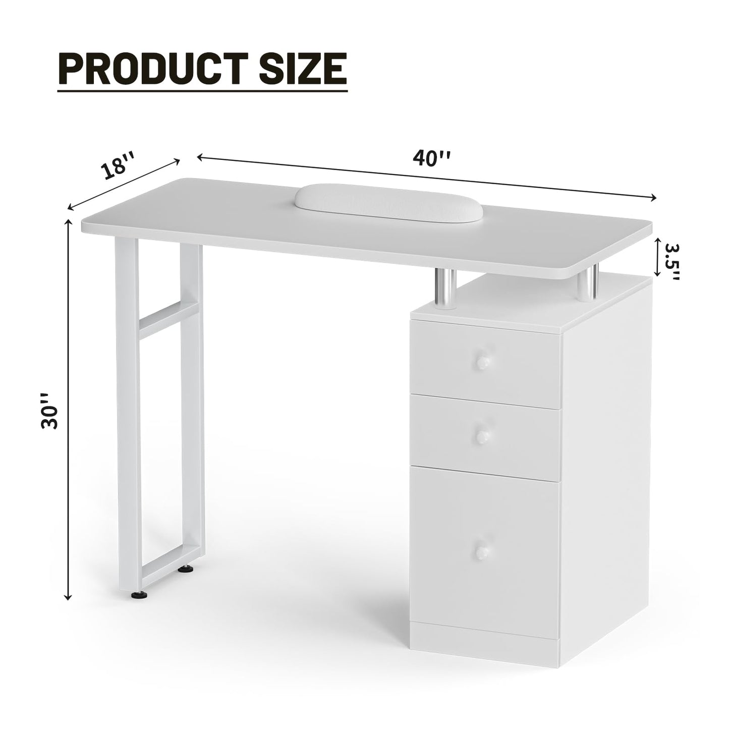 DeerDean White Manicure Table Nail Desk Acetone Resistant w/Wrist Cushion, Drawers & Cabinets