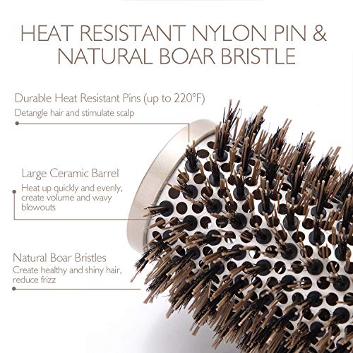 Baasha Large Round Hair Brush with Boar Bristles - 3 Inch Vented Ceramic Barrel for Long Hair