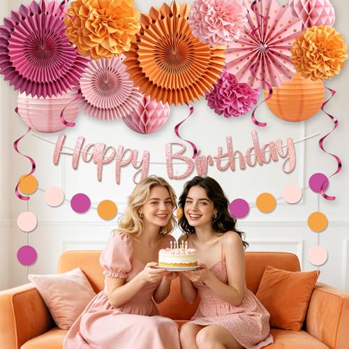 Pink and Orange Birthday Decorations Set for Women - 20pcs
