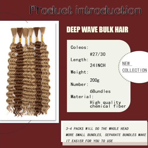 24 Inch Deep Wave Braiding Hair Bulk #27/30 - 6 Bundles for Boho & Faux Braids