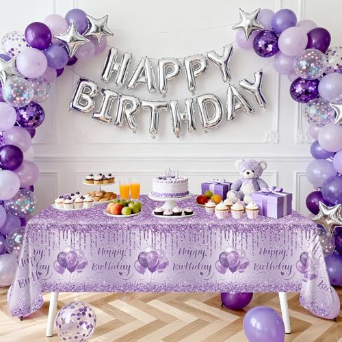 3 Pack Purple Birthday Tablecloths - 108 x 54 Inch Disposable Decor