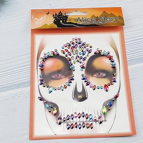 Doneace Style3 Blue Halloween Skeleton Face Gems & Rhinestone Tattoos - Reusable Face Stickers