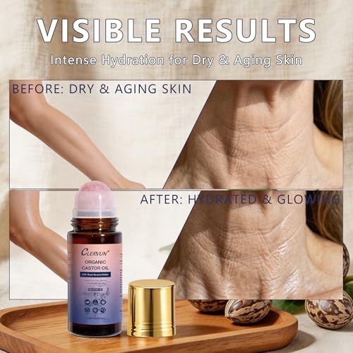 CLERVUN Organic Castor Oil with Rose Quartz Roller – 2.02 fl. oz