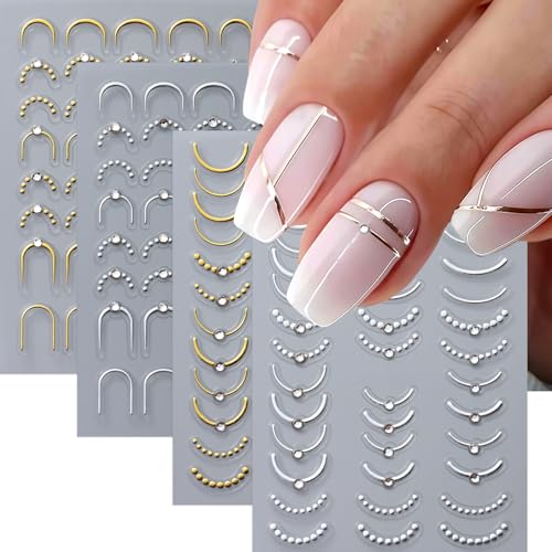 4 Pcs French Line Nail Art Stickers with Rhinestones - Self-Adhesive 5D Designs