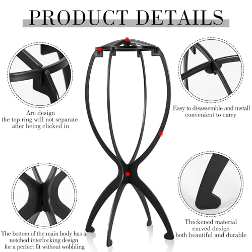 obeoby Foldable Black Wig Stand 3 Pack Portable Hair Wigs Holder for Travel & Home