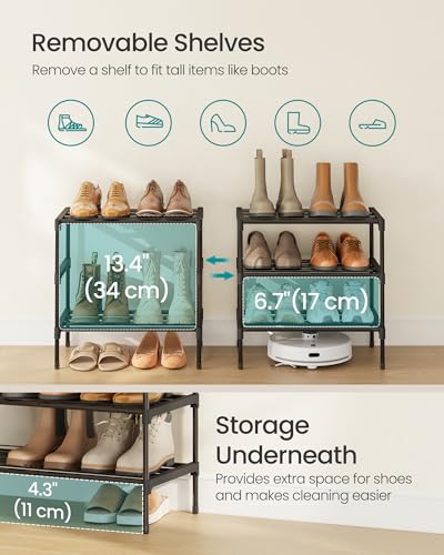 SONGMICS Compact 3-Tier Shoe Rack Organizer - Stackable Metal Storage for Small Spaces, Ink Black