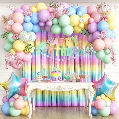 Pastel Birthday Decorations Set - Macaron Fringe Curtain & Balloons