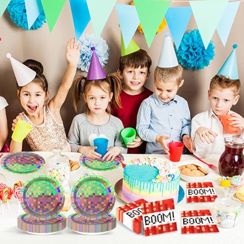 Pixel Party Plates and Napkins Set - 50 Pcs Disposable Tableware