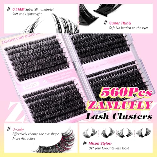 Zanlufly 560 Pcs Lash Clusters D-Curly Volume Eyelash Extensions DIY Natural & Thick