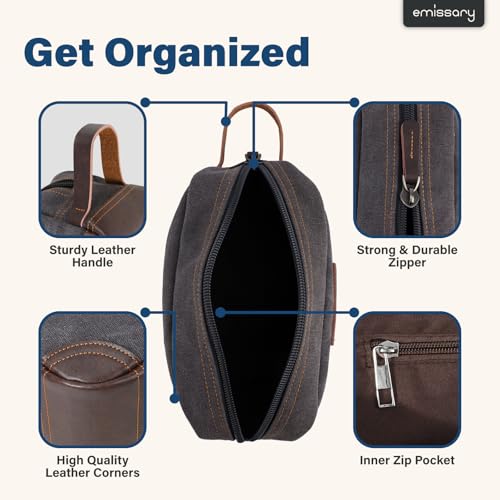 Emissary Gray Men's Canvas Travel Toiletry Bag with Leather Dopp Kit