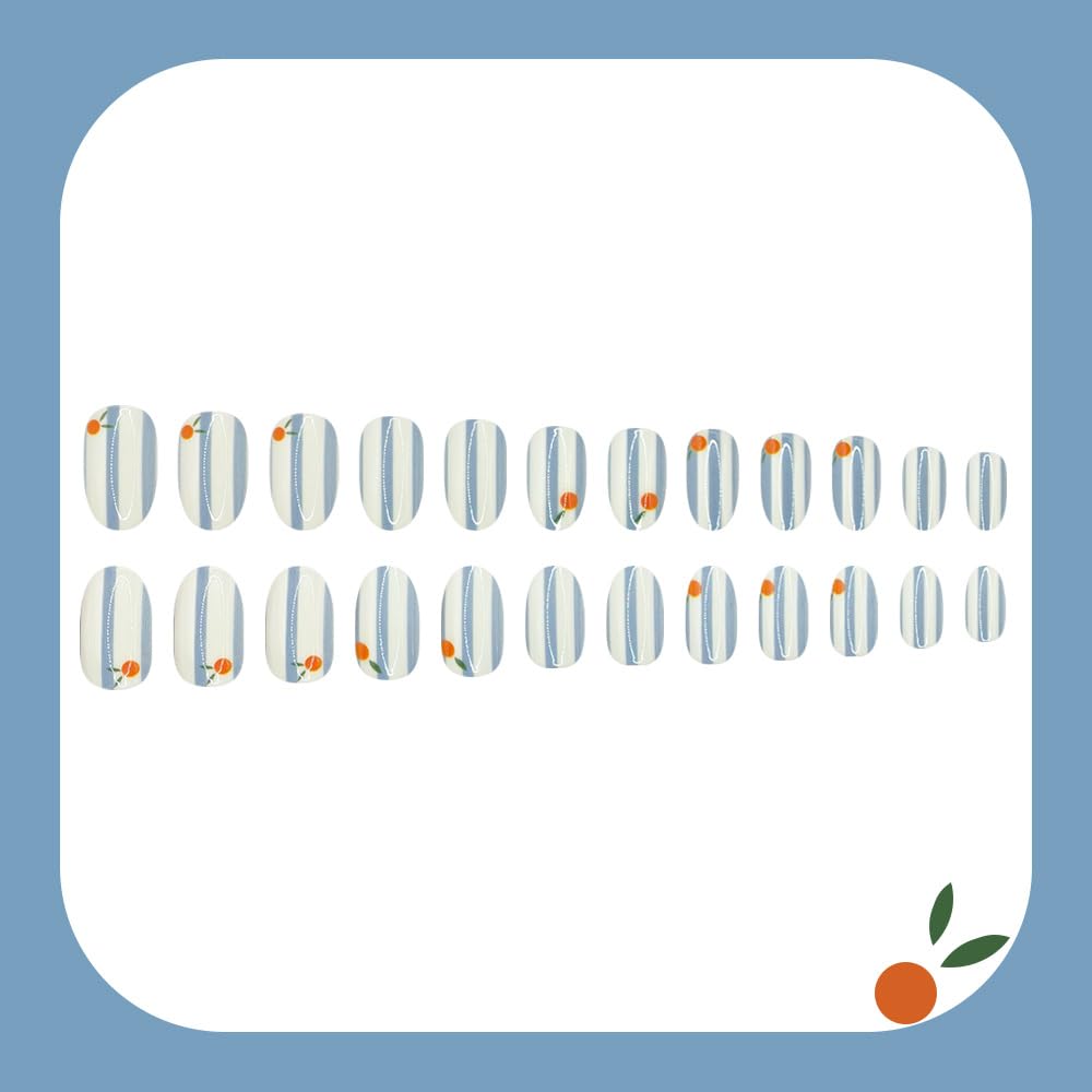 Medium Oval Press-On Nails - Glossy Summer Designs | Cute Orange, Reusable Full Cover Nails, 24 Pcs