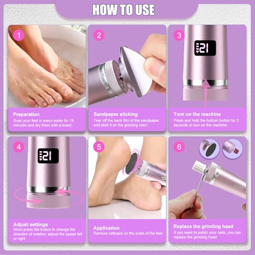 Electric Callus Remover for Feet - Pink, Rechargeable, Dual Grinding Heads