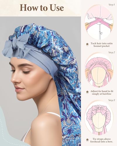 Awaytr Reversible Satin Hair Bonnet for Braids Sleeping Women Blue Ethnic Floral