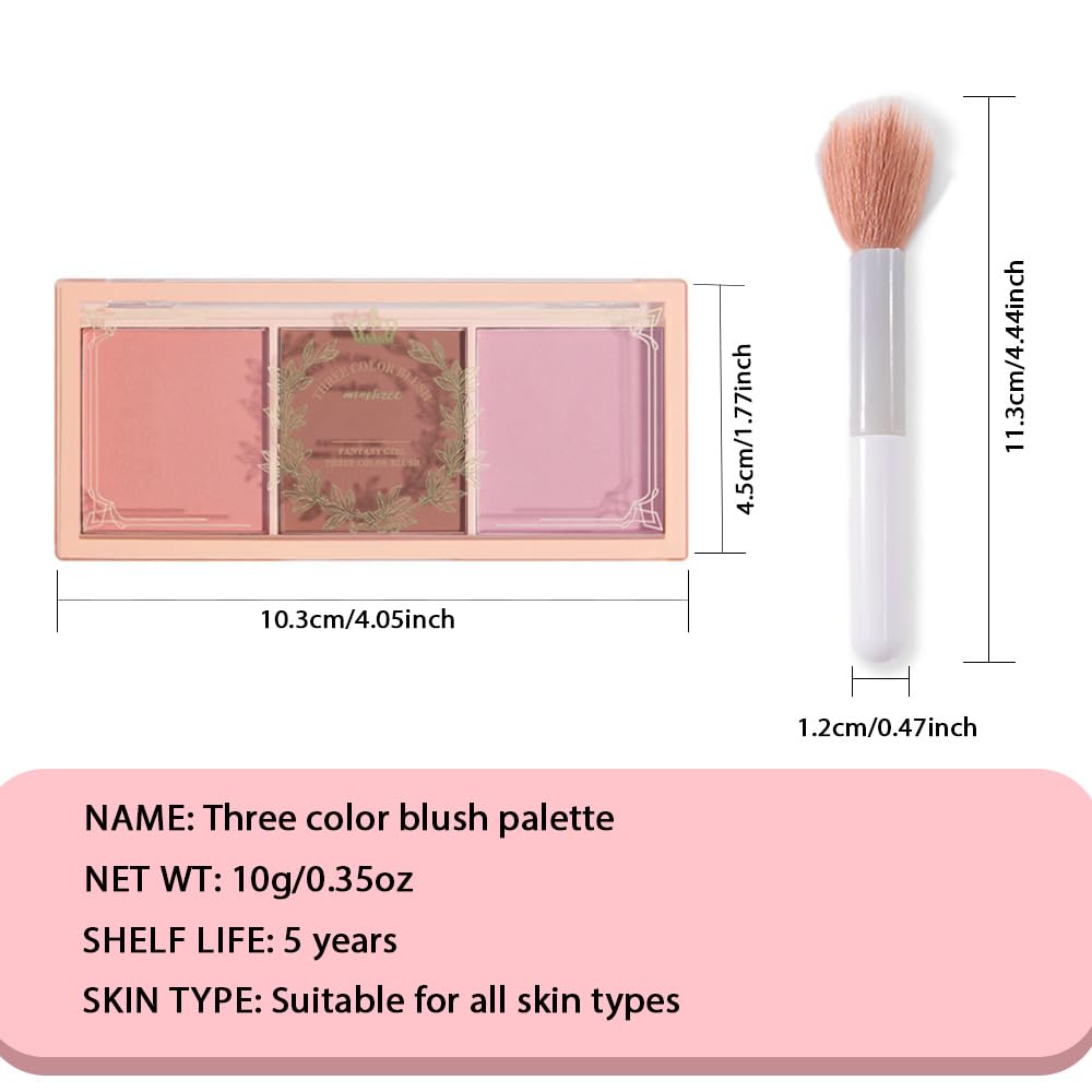 HHLTOH 3 Colors Face Matte Blush Palette Shading Blusher - Buildable Facial Cheek Blusher Contour Bronzing Pressed Powder Makeup Pallet Women Gift Set (3 Colors Blush Contour Palette with brush #02)