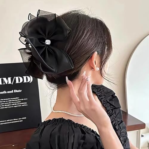 Large Black Mesh Tulle Bow Hair Claw Clips with Diamonds - 2 PCS