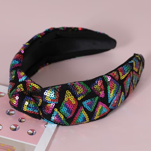 Gmmidea D-Rainbow Black Sequin Knotted Headband for Women and Girls