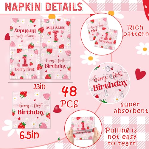Strawberry 1st Birthday Napkins - 50 Pack Disposable Party Decor
