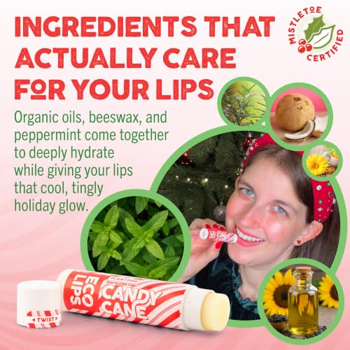 Eco Lips Organic Candy Cane Lip Balm - 3 Pack | Festive Vanilla Mint Flavor | 100% Plastic Free