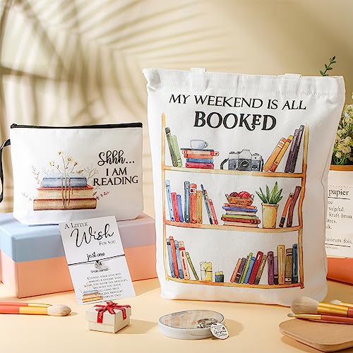 Sweetude Book Lover Gifts Booked Tote Bag Bracelet Pouch Keychain Set for Women