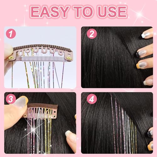 Hair Tinsel Kit - 18 Pcs Glitter Clip-In Extensions, 19.6 Inch