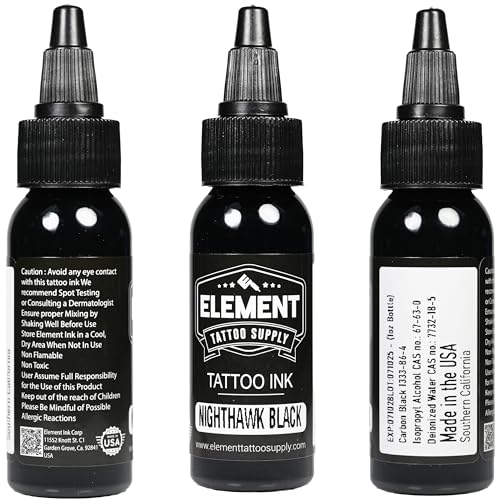 Element Tattoo Supply Nighthawk Black Tattoo Ink 1oz | Professional Ultra Dark High Pigment Lining Packing Shading Bold Lines Deep Healed Results Made in USA
