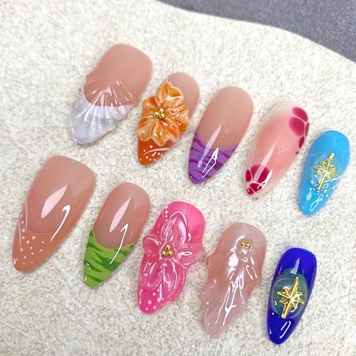 MAGLFELL Biaino Medium Almond Handmade Fake Nails - Artful 3D Acrylic & Gel False Nails, Reusable DIY Manicure Set