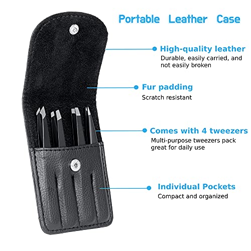 Rikans Precision Tweezers Set - 4-Piece Stainless Steel Eyebrow & Splinter Tweezers with Carry Pouch