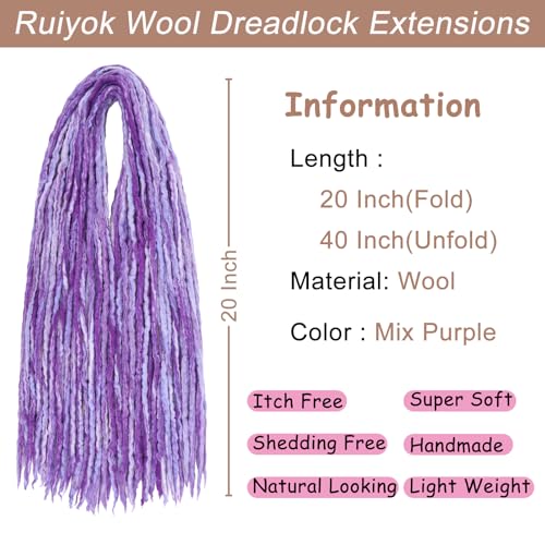 Purple Mix Wool Dreadlock Extensions 20 Inch Double Ended 20 Strands Handmade for Women